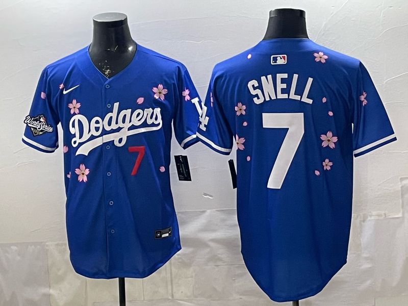 Men Nike 2026 Los Angeles Dodgers #7 Snell Blue Sakura Edition Game MLB Jersey 0010->los angeles dodgers->MLB Jersey